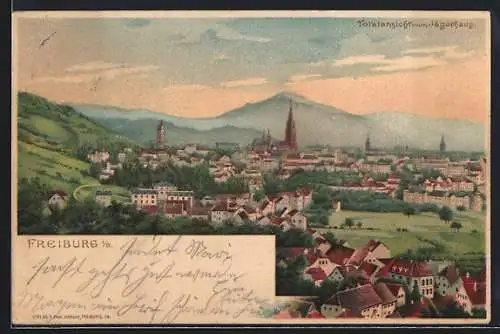 Lithographie Freiburg i / B., IX. Hauptversammlung des Verbandes Deutscher Gewerbevereine, Totalansicht vom Jägerhaus