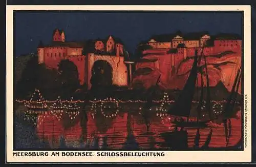 Künstler-AK Meersburg, Schlossbeleuchtung am Bodensee