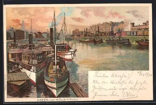 Lithographie Köln, Partie im Hafen, Dampfer