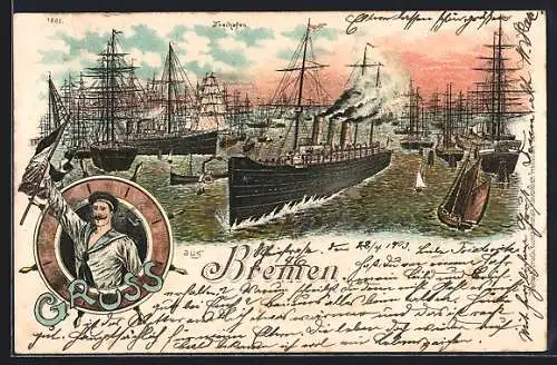 Lithographie Bremen, Freihafen mit Schiffen und Seemann mit Reichsflagge