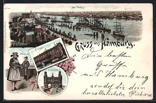 Lithographie Hamburg, Helgoländer, Brückenkopf und Freihafen