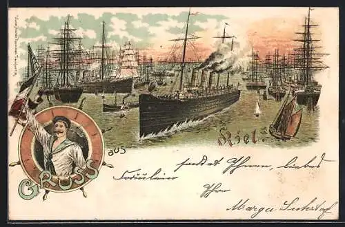 Lithographie Bremen, Freihafen, Dampfer, Matrose mit deutscher Fahne, Steuerrad