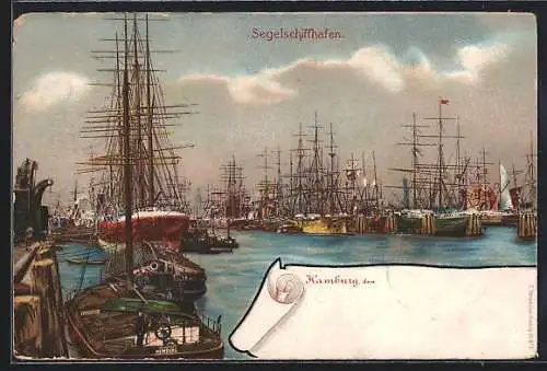 Lithographie Hamburg, Bunte Schiffe im Hafen