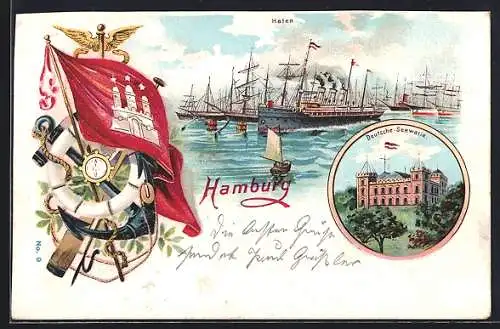 Lithographie Hamburg, Hafen und Deutsche Seewalie