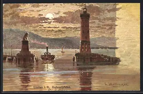 Künstler-AK Lindau / Bodensee, Hafeneinfahrt mit Leuchtturm