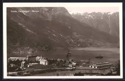 AK Odda, Totalansicht mit Fjordpanorama, Dampfer