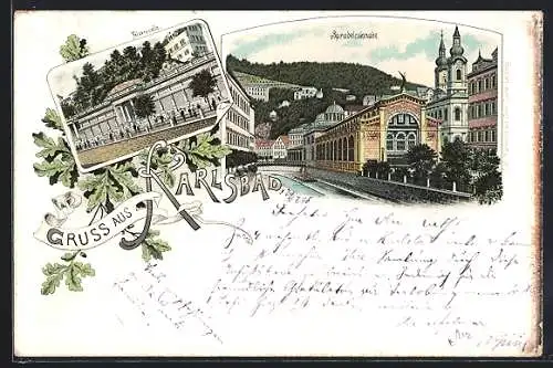 Lithographie Karlsbad, Blick auf Felsenquelle und Sprudelcolonade