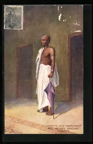 Künstler-AK Ceylon, Chetty. Rice Merchant and Money lender, Mann mit Schirm, asiatische Volkstypen