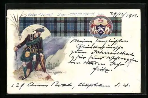 Künstler-AK Schotte vom Clan der Mackay, Tartan, Wappen