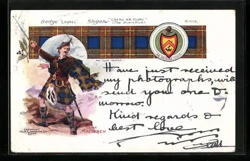 Künstler-AK Schotte vom Clan der Maclaren, Tartan, Wappen