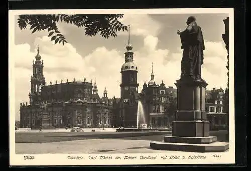 Foto-AK Walter Hahn, Dresden, Nr. 12661: Dresden, Carl Maria von Weber-Denkmal mit Schloss und Hofkirche