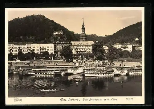 Foto-AK Walter Hahn, Dresden, Nr. 13412: Bad Schandau / Elbe, Totalansicht, Anlegestelle m. Dampfer Leipzig und Mühlberg