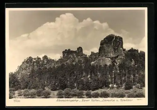 Foto-AK Walter Hahn, Dresden, Nr. 13071: Rathen /Elbsandsteingebirge, Lokomotive und Talwächter