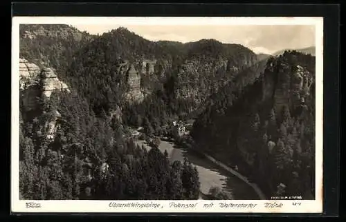 Foto-AK Walter Hahn, Dresden, Nr. 17148: Polenztal /Elbsandsteingebirge, Blick auf die Waltersdorfer Mühle