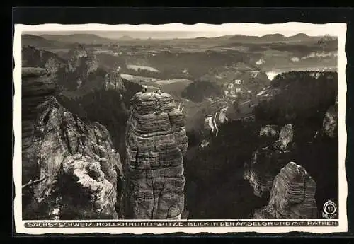 Foto-AK Walter Hahn, Dresden, Nr. 41: Höllenhundspitze m. Amselgrund und Rathen