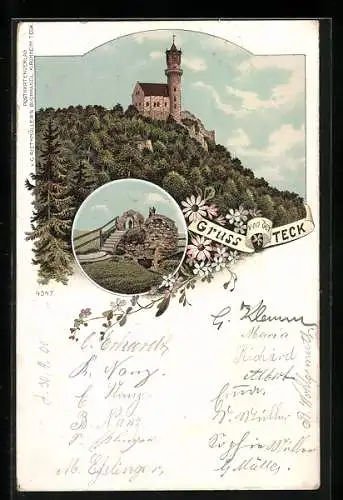 Lithographie Owen, Blick auf die Burg Teck