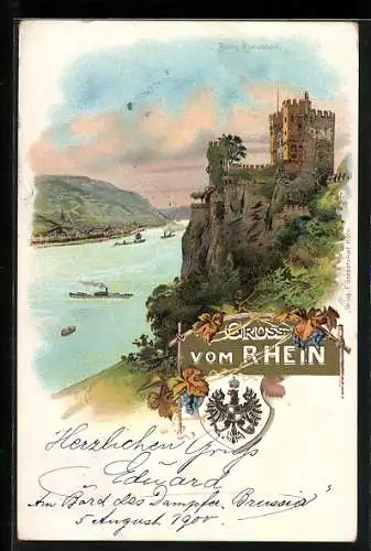 Lithographie Trechtingshausen, Burg Rheinstein mit Schiffen auf dem Rhein im Hintergrund