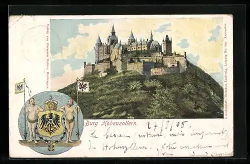 Lithographie Panorama der Burg Hohenzollern, Stadtwappen