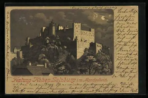 Mondschein-Lithographie Festung Hohen Salzburg bei Nacht