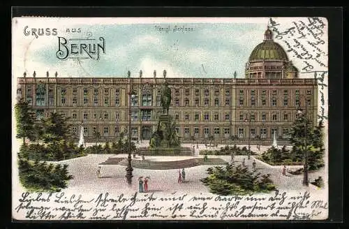 Lithographie Berlin, Königl. Schloss mit Reiterstandbild