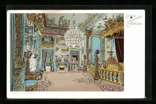 Lithographie Prien, Herren-Schloss Chiemsee, Schlafzimmer