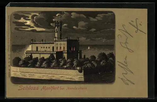 Mondschein-Lithographie Das Schloss Montfort mit Blick aufs Wasser