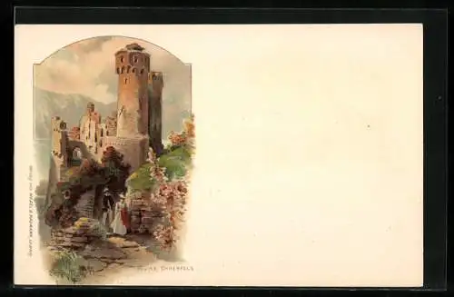 Lithographie Rüdesheim am Rhein, Partie an der Ruine Ehrenfels