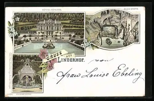 Lithographie Linderhof, Königliches Schloss, Blaue Grotte, Wasserwerke, Blumenverzierung