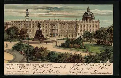 Lithographie Berlin, Königliches Schloss mit Denkmal und Lustgarten