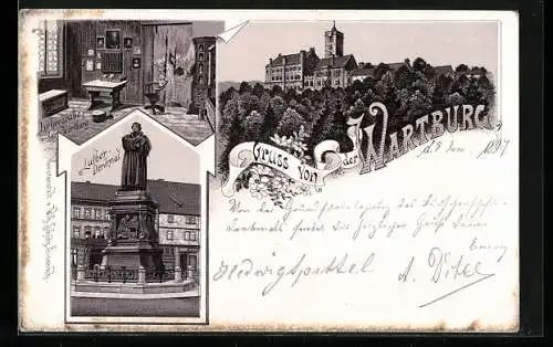 Lithographie Gesamtansicht der Wartburg, Lutherdenkmal, Lutherstube