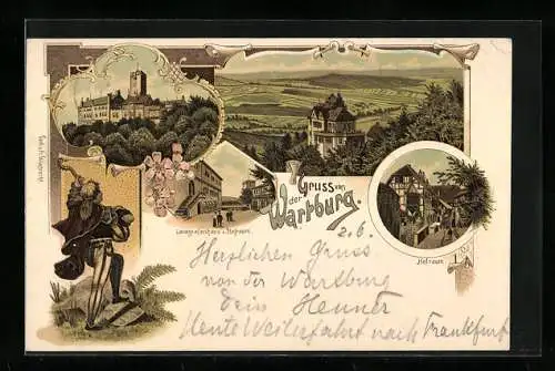 Lithographie Eisenach, Wartburg, Landgrafenhaus u. Hofraum, Sänger