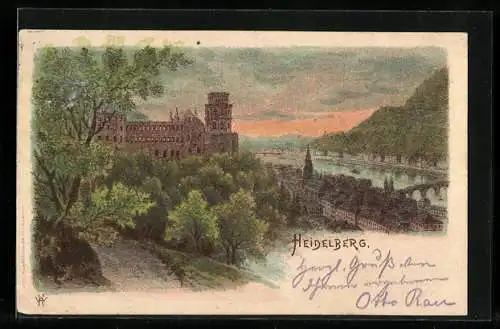 Lithographie Heidelberg, Teilansicht mit Neckar und Schloss