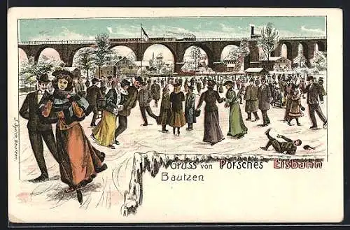 Winter-Lithographie Bautzen, Porsches Eisbahn