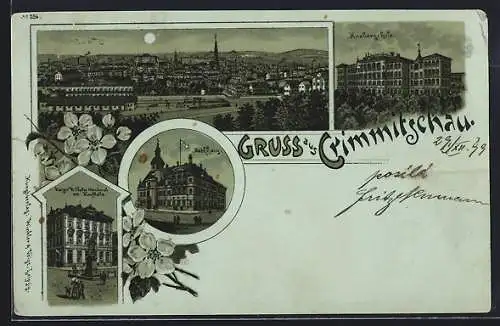 Mondschein-Lithographie Crimmitschau, Kaiser Wilhelm-Denkmal mit Kaufhalle, Knabenschule, Rathaus