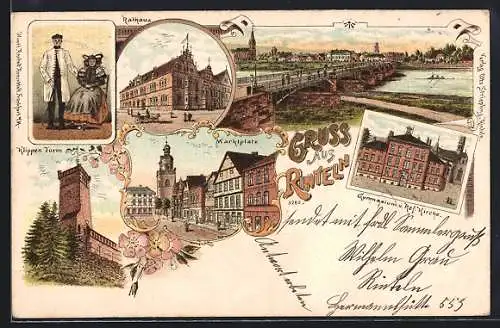 Lithographie Rinteln, Gymnasium u. Ref. Kirche, Klippenturm, Rathaus, Liebespaar in Tracht