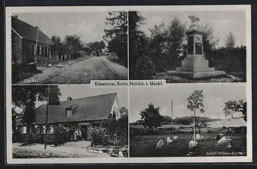 AK Küsserow, Dorfstrasse, Kriegerdenkmal, Kolonialwaren H. Bröcker, Eiche