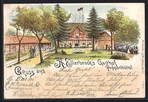 Lithographie Hamburg-Poppenbüttel, H. Ellerbrock`s Gasthof mit vielen Gästen