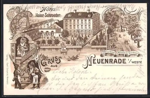 Lithographie Neuenrade, Hotel Heinrich Schroeder, Zwerge am Weinfass, Wall