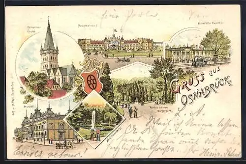 Lithographie Osnabrück, Hauptbahnhof, Haltestelle Hasethor, Katharinen-Kirche, Hauptpost, Goldfischteich