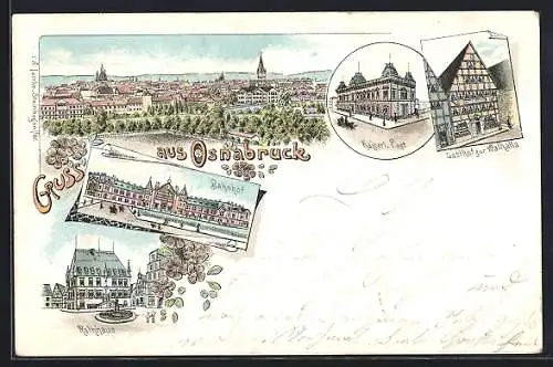 Lithographie Osnabrück, Gasthof zur Walhalla, Kaiserl. Post, Rathhaus, Bahnhof