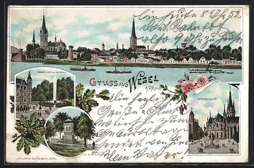 Lithographie Wesel / Rhein, Panorama vom Rhein aus, Grosser Markt, Kaiserplatz mit Kaiserhof