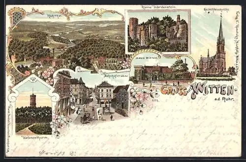 Lithographie Witten a. d. Ruhr, Haus Witten, Gedächtniskirche, Bahnhofstrasse