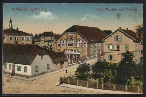 AK Philippsburg /Baden, Städtisches Warmbad und Festhalle