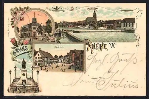 Lithographie Rheine i. W., Post, Marktplatz, Krieger-Denkmal