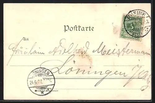 Lithographie Rheine i. W., Post, Marktplatz, Krieger-Denkmal