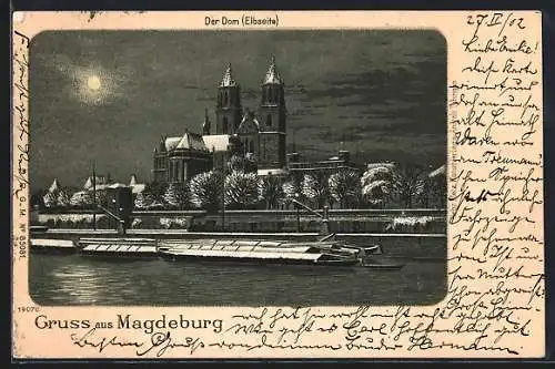 Winter-Lithographie Magdeburg, Der Dom, Elbseite