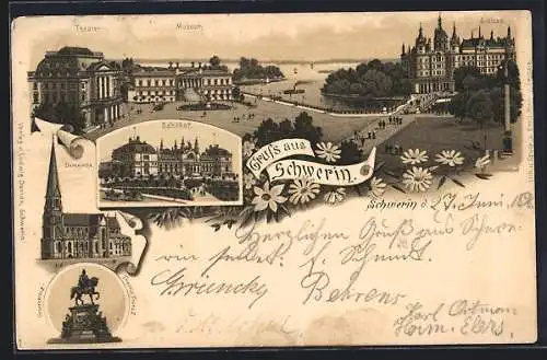 Lithographie Schwerin / Mecklenburg, Bahnhof, Museum, Domkirche, Theater