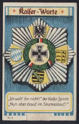 Mechanische-AK Kaiser Wilhelm II. mit Wappen, Zitat und Eisernem Kreuz