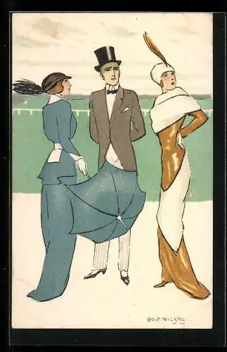 Künstler-AK sign. Rolf Niczku: Zwei elegante Damen und ein Herr im Gespräch, Art Deco