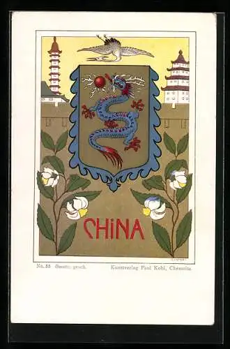 AK China, Wappen vor Stadtmauer